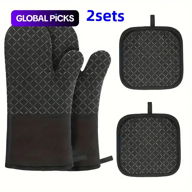 Silicone Heat Insulated Oven Mitts & Pot Holders Set (4 Counts/set), 2 Counts Non-slip Heat Resistant Oven Gloves & 2 Counts Insulation Pads for Home Kitchen Baking, Cooking, Bakeware, Kitchenware