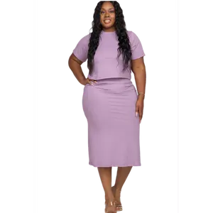 Plus Size Ribbed Solid Top & Midi Skirt Set
