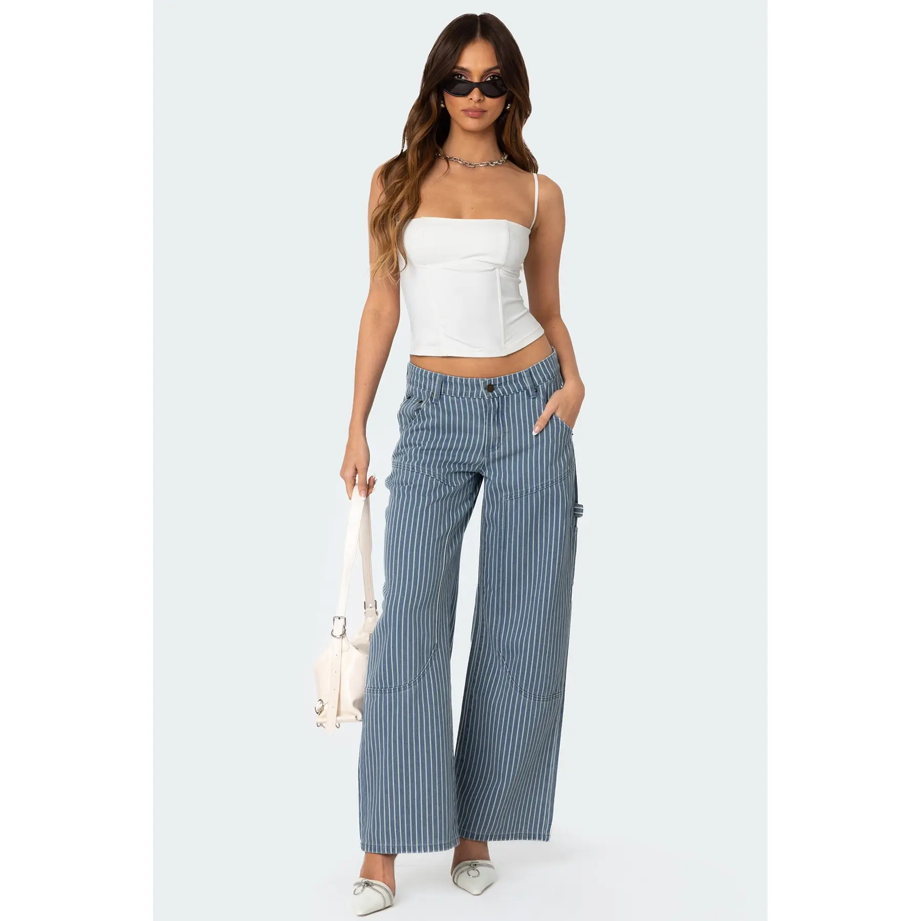 Striped Low Rise Baggy Carpenter Jeans