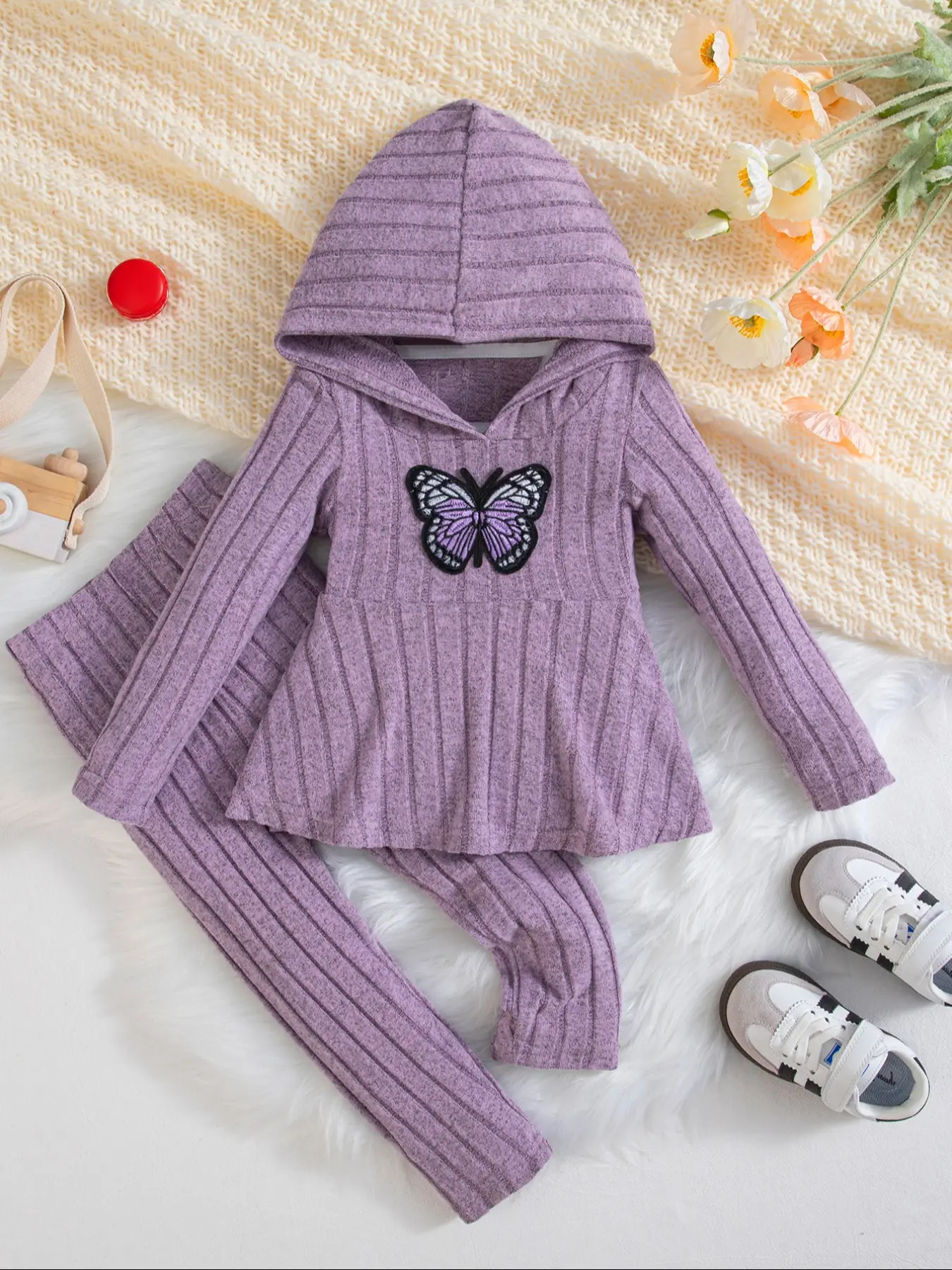 2-piece girls' solid-colored long-sleeved sets autumn/winter bow-tie pullover top and trousers cute elegant baby girl knitted hooded top and leggings