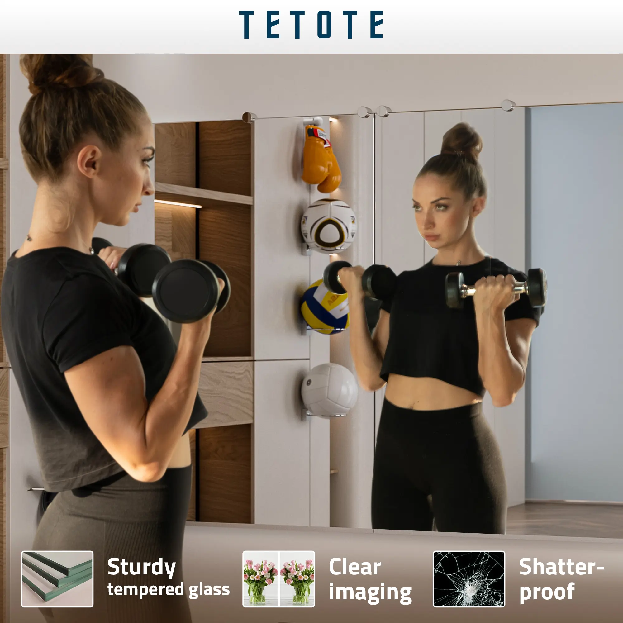 TETOTE Gym Mirror, Large Workout Mirror for Home Gyms/Studios, Shatterproof Tempered Glass, Wall Mounted Frameless Mirror Decor