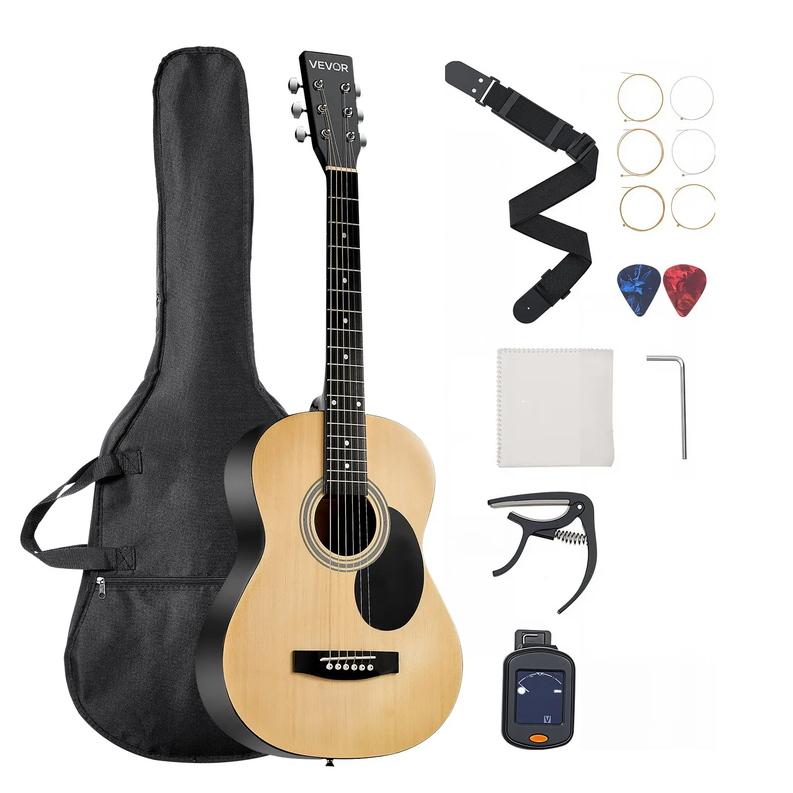 VEVOR 36 In Wooden Dreadnought Acoustic Guitar Kit, 6-String, Spruce Solid Top, Basswood Body, Rosewood Fingerboard, 35.63 x 12.99 x 4.13 in, Portable Set with Gig Bag, Tuner, Strap, Steel Strings, Picks, Capo, for Beginner Teens