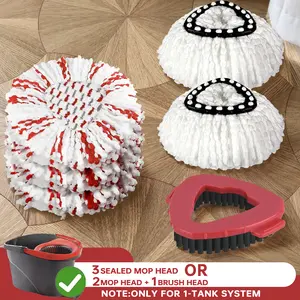 3-pack O-Cedar replacement set featuring a rotating floor head with an integrated cleaning pad, designed specifically for the O-Cedar EasyWring single-tank system. Easily removes stubborn stains. Floor head replacement, floor brush replacement.