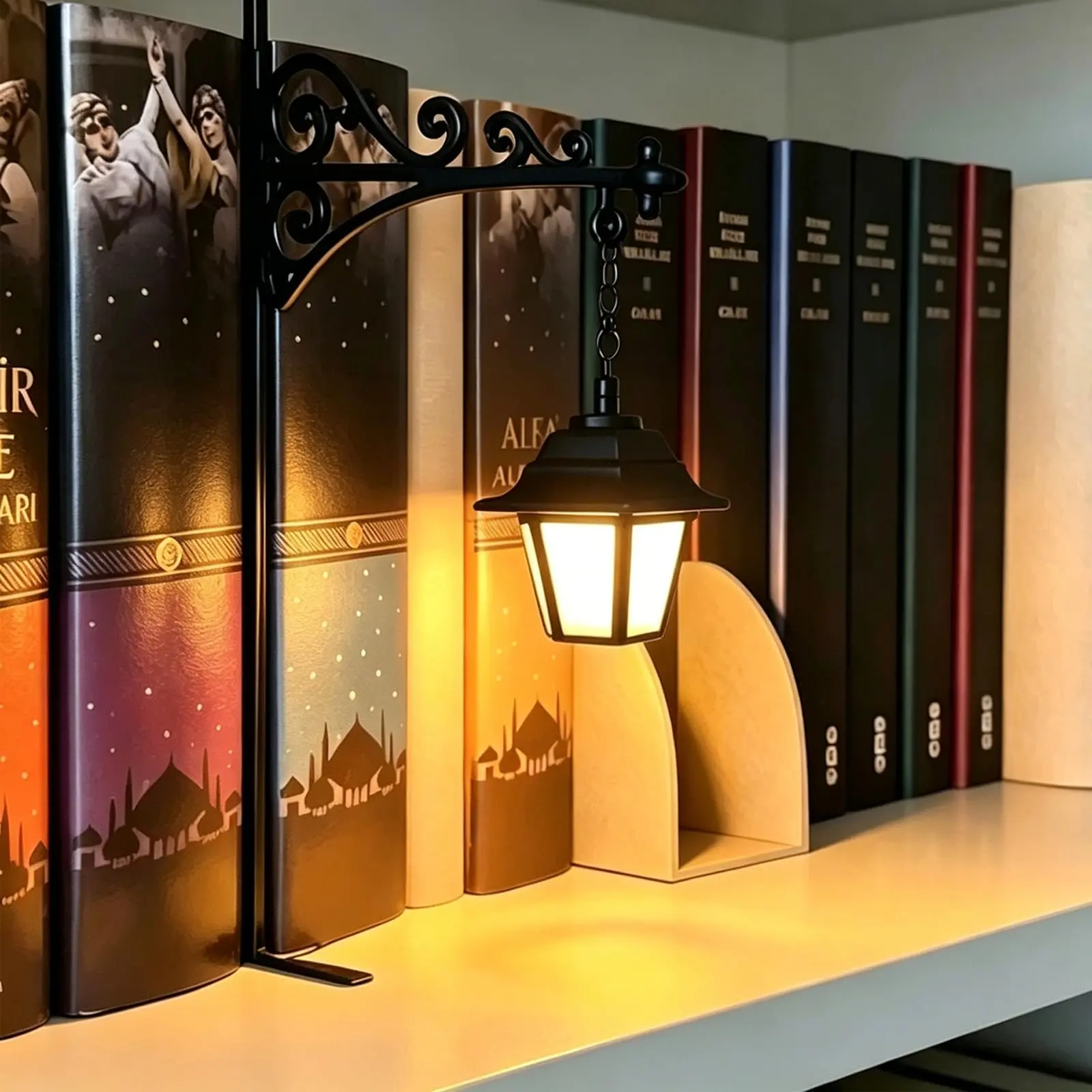 Library Lantern-Decorative Bookshelf Lighting, Mini Hanging Shelf Lamp, Warm LED Night Light for Reading Nook, Bookcase, Bedroom, Home Office, Library, Literary Home Decor, Halloween Decor