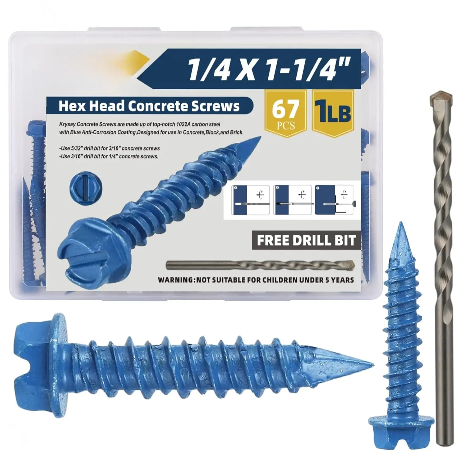 67 count 1/4 x 1-1/4 in Concrete Screws with Drill bits,Masonry Screws for Concrete Assortment Kit,Hex  Block Cement Stacoo Screws and Anchors, Point,Blue Coated(1LB)