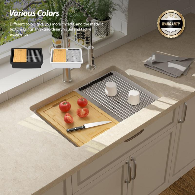 28*19 inch Quartz Stone Workstation Kitchen Sink Under-mount Single Bowl Granite Composite Sink with Roll-up Drying Rack, Cutting Board, Bottom Grid and Strainer, Color in White or Black