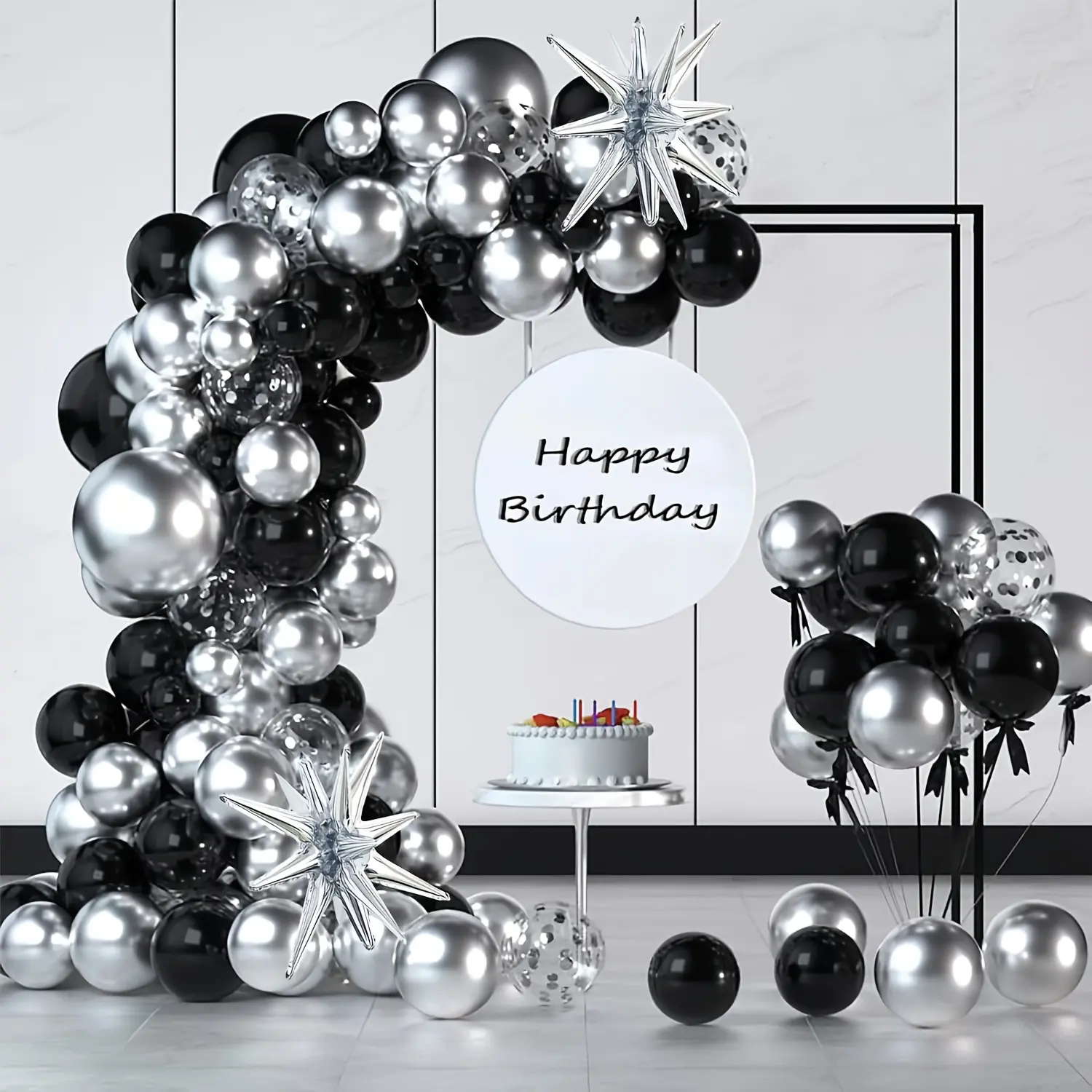 Black and Silver Balloons Garland Arch Kit with 2pcs Starburst Balloon, Metallic Sliver and Black Balloons for Birthday Graduation Baby Shower Disco New Years Party Decorations