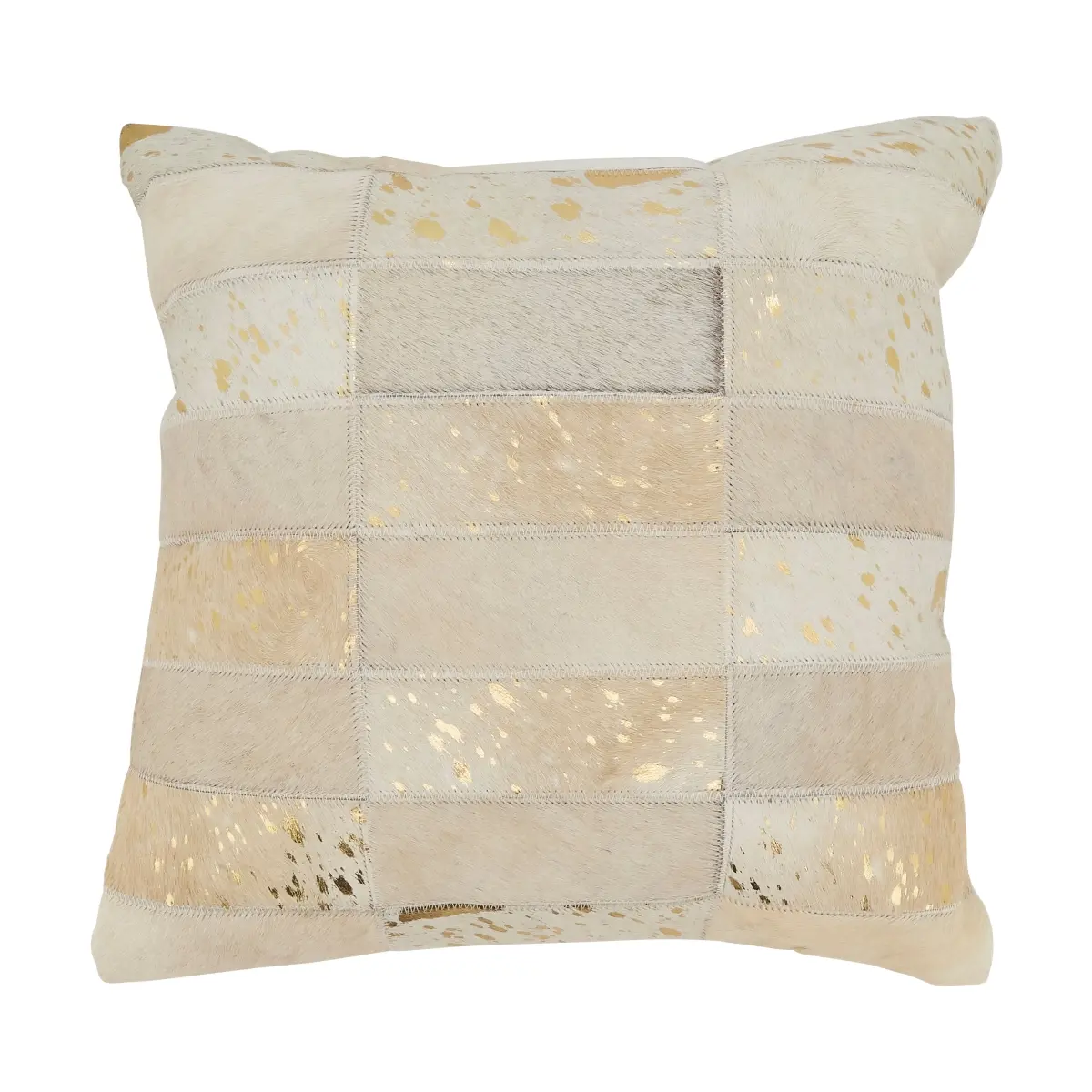 Saro Lifestyle 1141.I16SD 16 in. Luxe Hair-on-Leather Cube Pillow - Down-Filled, Ivory Cotton, Dry Clean Only, Rustic Elegance, Hair-on Detail, Leather Accent for Living Room Home Décor Natural Look, Square Shape