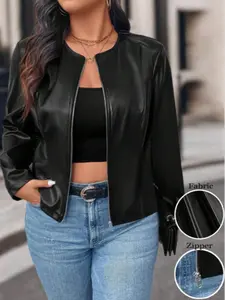 Women's Plus Size Fitted PU Leather Jacket, Spring & Fall Thin Casual Outerwear, Fashionable Faux Leather Coat, Stylish Women's Clothing, Womenswear