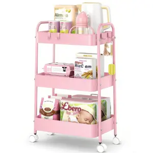 3-Tier Metal Rolling Cart With Wheels, Storage Utility Organizer Cart For Kitchen, Bathroom, Office, Baby Essentials & Makeup - Lockable Casters, Easy Assembly, Large Capacity