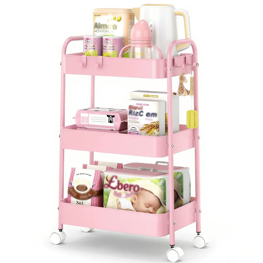 Multifunctional 3-Layer Rectangle Durable Metal Rolling Rack Storage Organizer - Locks Wheels, 10-15 Kg Capacity, Easy Assembly, Compact Modern Design, Counter-Fit for Household Kitchen/Bath Room Storage