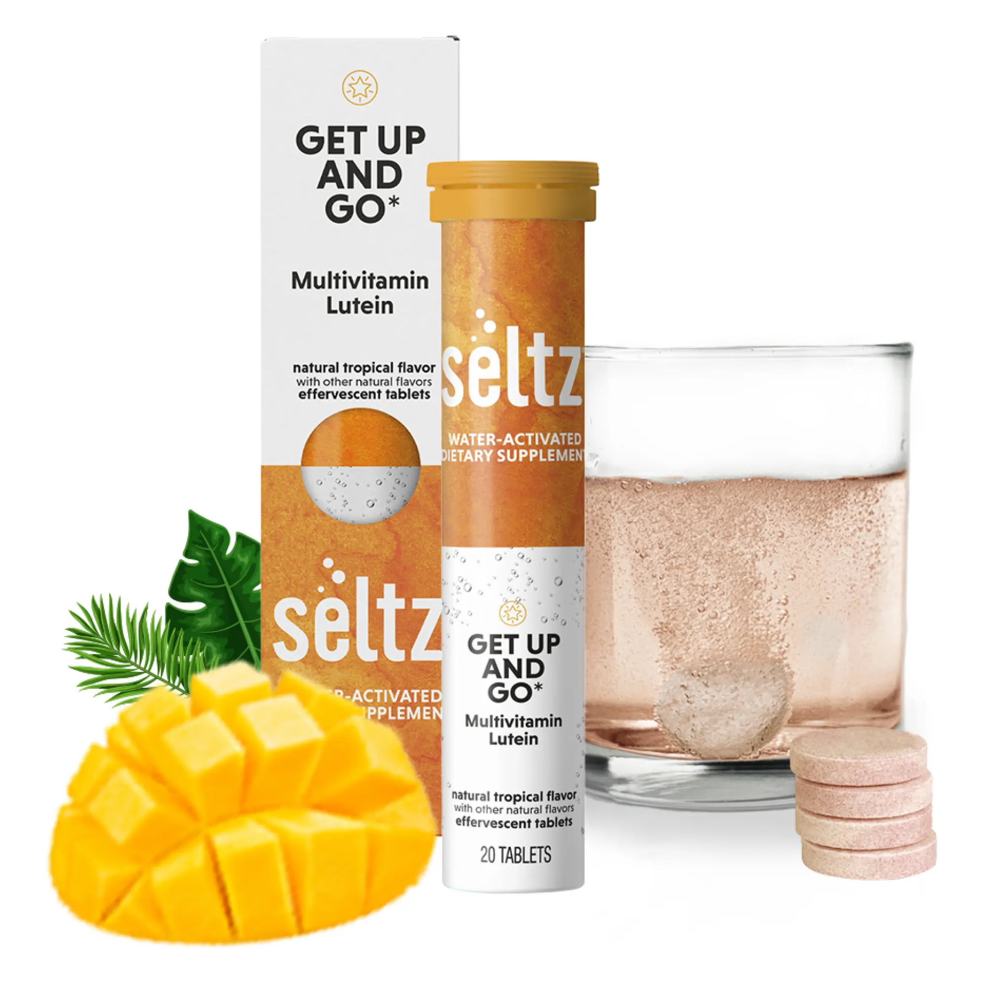 Seltz Get Up and Go - Effervescent Tablets for Daily Energy, Eye Health, and Antioxidant Support, Lutein, Tropical Flavor, 20 Tablets