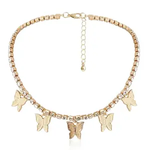 Butterfly Rhinestone Choker Necklace Sparkling Gold Adjustable Chain for Prom, Rave, Party Jewelry