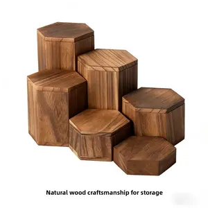 Wooden 6PCS Hexagon Jewelry Accessory Display Stand Brown Cube Shelf Gift Storage Home Doll Organizer Necklace Bracelet Desktop Glasses Rack, Home Decor Organiser, for Home Office Mall Utility Rack