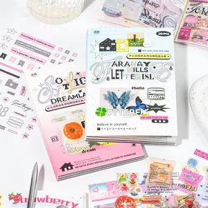 2 Styles 20 Sheets Waterproof Aesthetic PET Sticker Book – Korean & Modern Object Cut-Out Stickers with Text Lettering for Journaling, Scrapbooking, Cards & Daily Decor