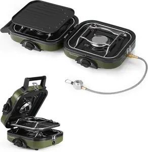 Naturehike 2 Burner Folding Camping Stove with Griddle, Portable Camp Isobutane Gas Stove with 16000 BTU Adjustable Burners & Piezo Ignition