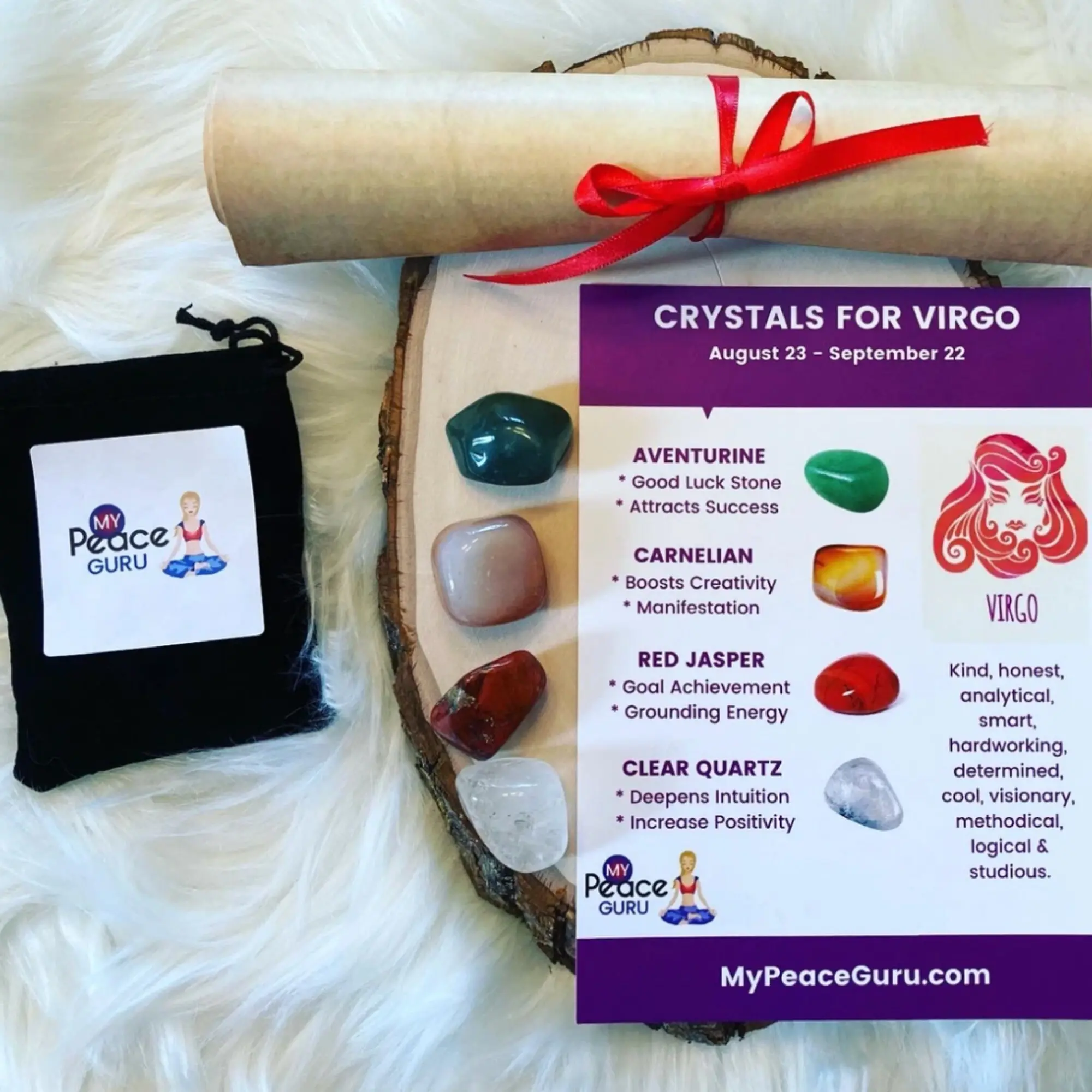 Virgo Gift Set Zodiac Sign Crystal Healing Stones in a Velvet Pouch with 7-10 Page In-Depth Astrology Scroll Report Gift Box