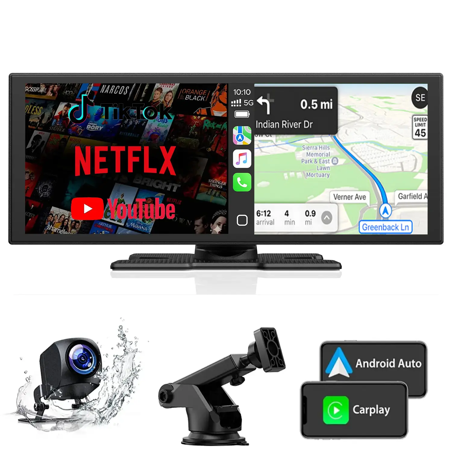 10.26" Big Wireless Portable CarPlay Screen Watch Youtube/Netflix/TikTok While Parked Auto-Connect, 1080P Parking Backup Camera,iPhone 8–15+ & Android 11+ Any Car Upgrade