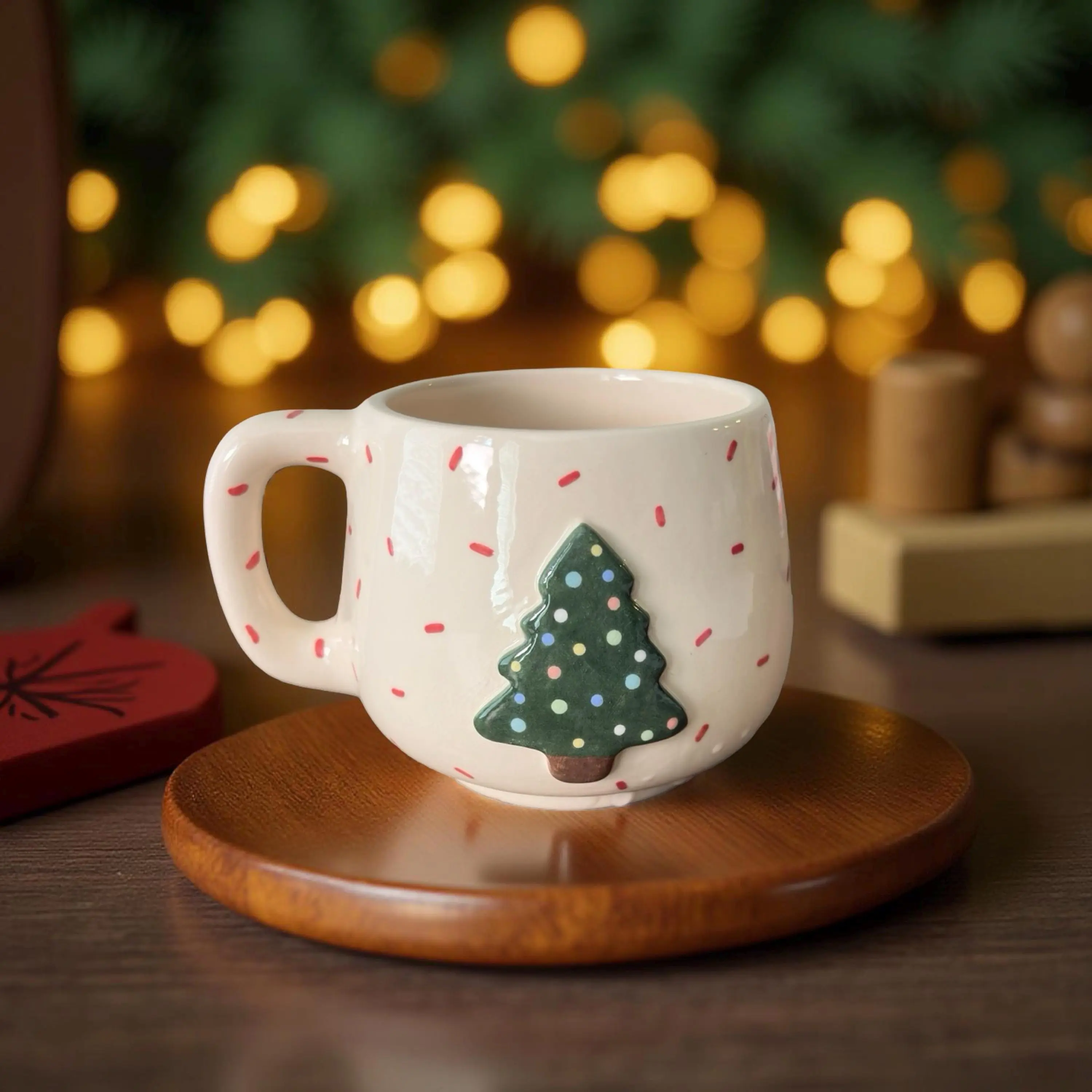 12oz Handmade Ceramic Christmas Mug with Handle - Lead-Free & Food-Safe, Heat-Resistant Aesthetic Coffee Cup, Coffee Bar Decor Drinkware Must-Have for Hot Cocoa Lovers, Holiday Home Use