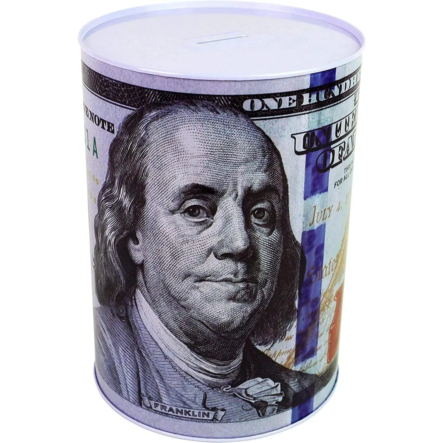 $100 Bill Benjamin Franklin Tin Piggy Bank | 5 7/8" Tall Money Saving Jar, Aesthetic Finance Tracker for Adults Kids - Fun Budgeting Cash/Coin Storage
