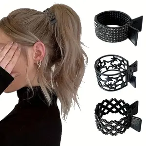 Strong Grip Non-Slip Elegant Black Rhinestone Hair Claw - for High Ponytails & Thick Hair