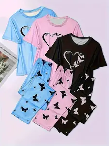 6 Counts Women's Heart & Butterfly Print Pyjama Set, Short Sleeve Tee & Elastic Waist Pants Loungewear Set, Women Cute Nightwear, PJ Sets for Women, Summer Outfits 2024, Pajama Set