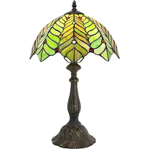Tiffany Lamp Stained Glass Table Lamp Bedside Reading Light W12H19 Inches (Brown Green Leaf)