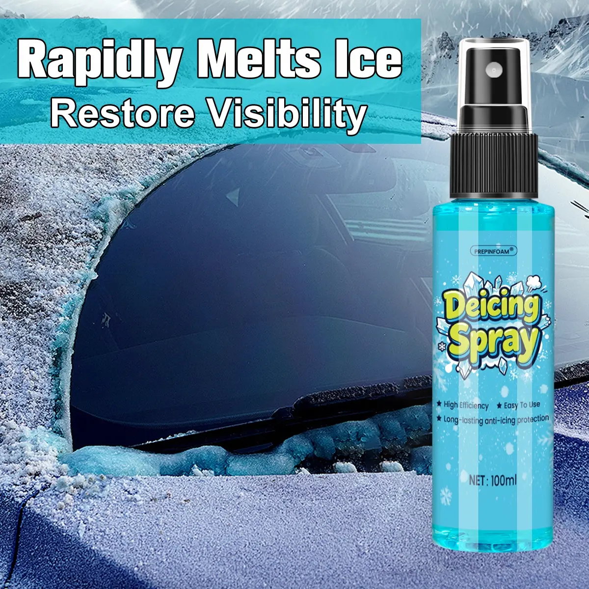 All-In-One Ice Removal & Anti-Freeze Spray, Works on Car Windshields, Door Locks, Mirrors & Home Glass, Fast Defrost Solution