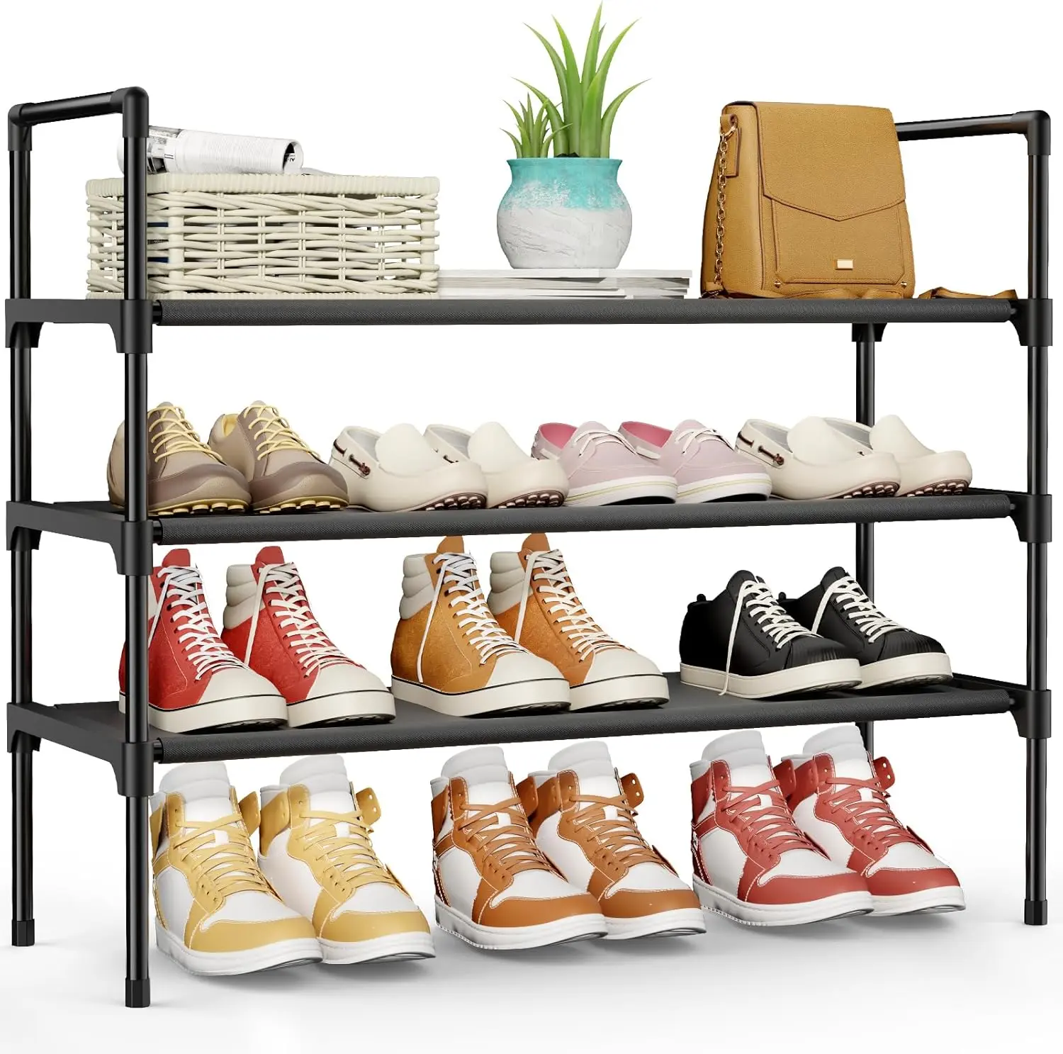 Shoe Rack for Closet, Shoe Organizer, 27.6" Wide - 3 Tier, Black | Shoe Storage for Closet, Entryway, Space-Saving Shoe Shelf with Side Handle, Closet Organizer
