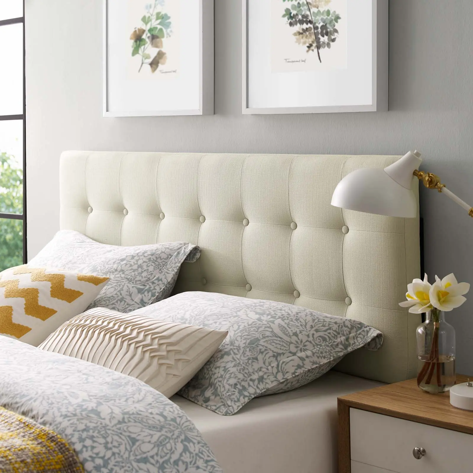 Modway Emily King-Size Upholstered Tufted Fabric Headboard, Ivory Indoor Bed Frame Accessory for Modern Bedrooms, Upholstered Tufted Headboard, Modern Bedroom