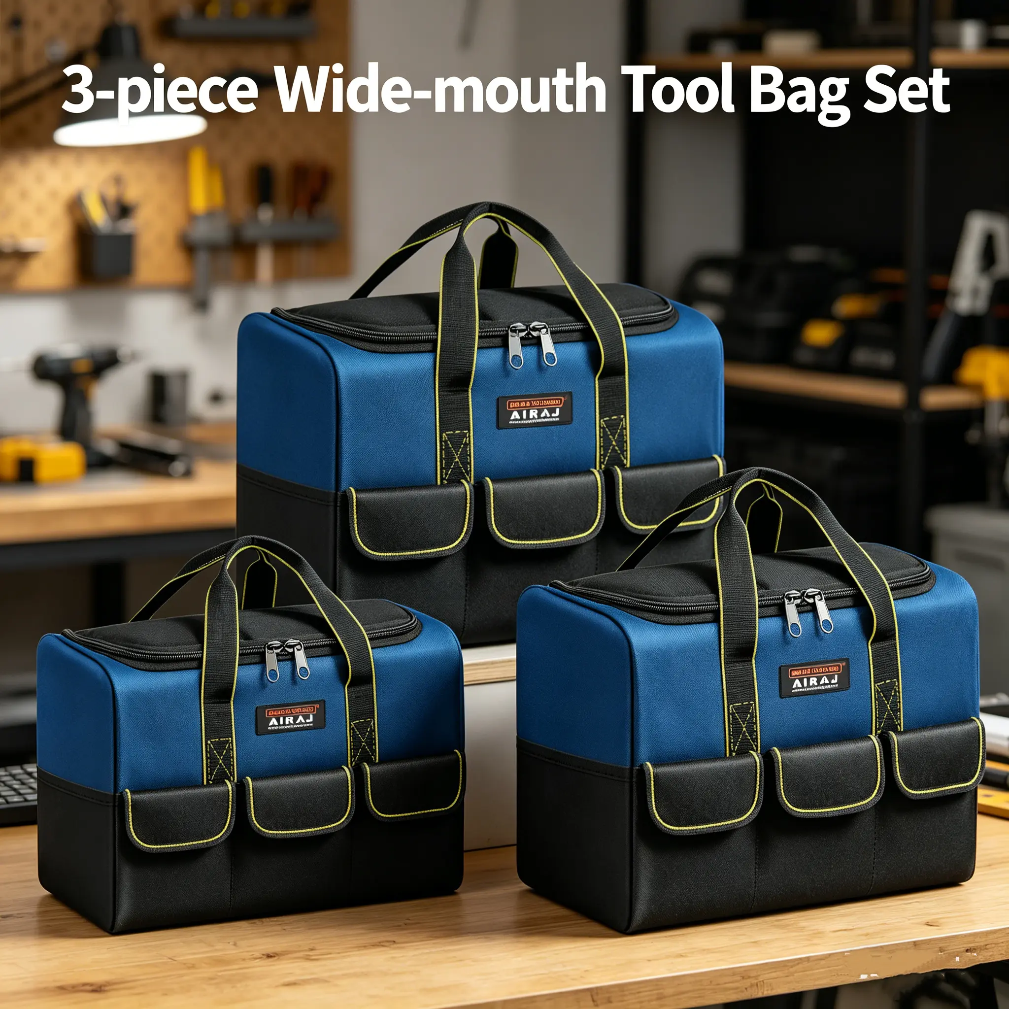 AIRAJ Wide Mouth Tool Bag Set (3 Pieces): wide mouth zipper design, large capacity, external multiple pockets, waterproof and wear-resistant tool storage bag， Black Tool Organizer