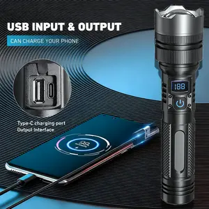Strong Flashlight 2000LM LED with charging Phone function Digital display of power, Rechargeable，Zoomable, , X4Waterproof, Adjustable Brightness Flash Light for Outdoor, Emergency, Camping Accessories