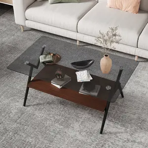 Modern Rectangle Coffee Table with Tempered Glass Top, Black Metal Legs, Storage Shelf Center Table for Living Room Apartment Home
