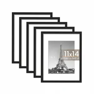 11x14 Picture Frame Set of 5, Perfect for Couples & Families, Display Pictures 8x10 with Mat or 11x14 Without Mat, Wall Gallery Photo Frames, Black Decor Plastic Light