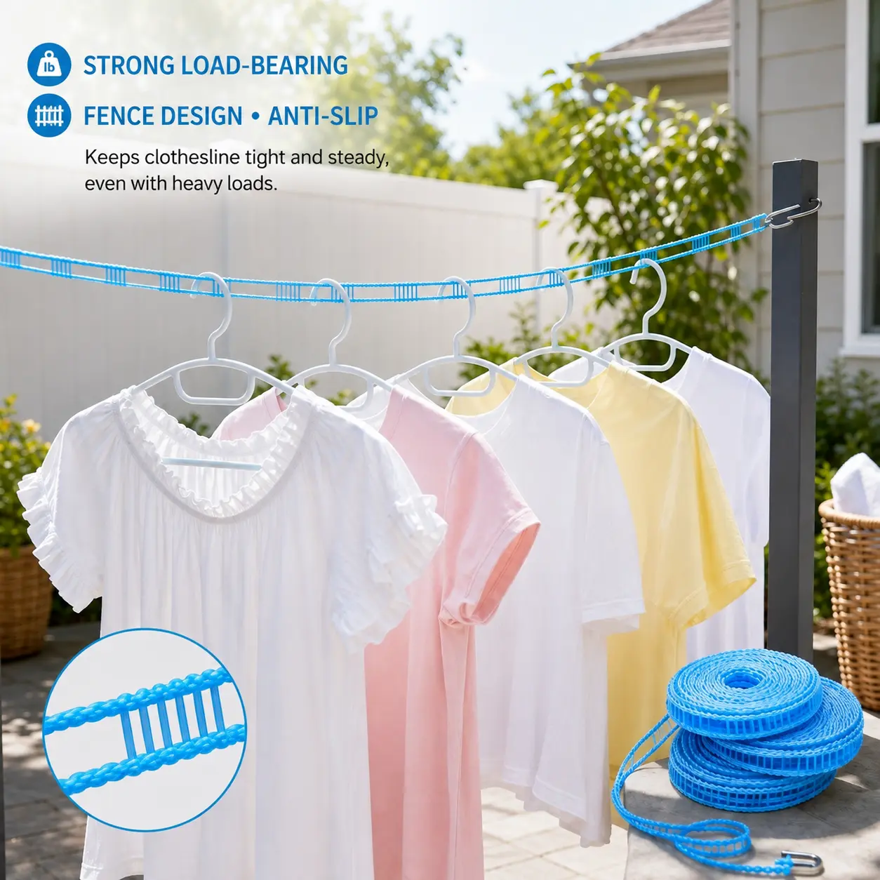 3 Counts Blue 8m Anti-slip Clothesline Rope, Portable Outdoor Laundry Drying Line with Hooks for Backyard Camping and Daily Household Clothes Hanging