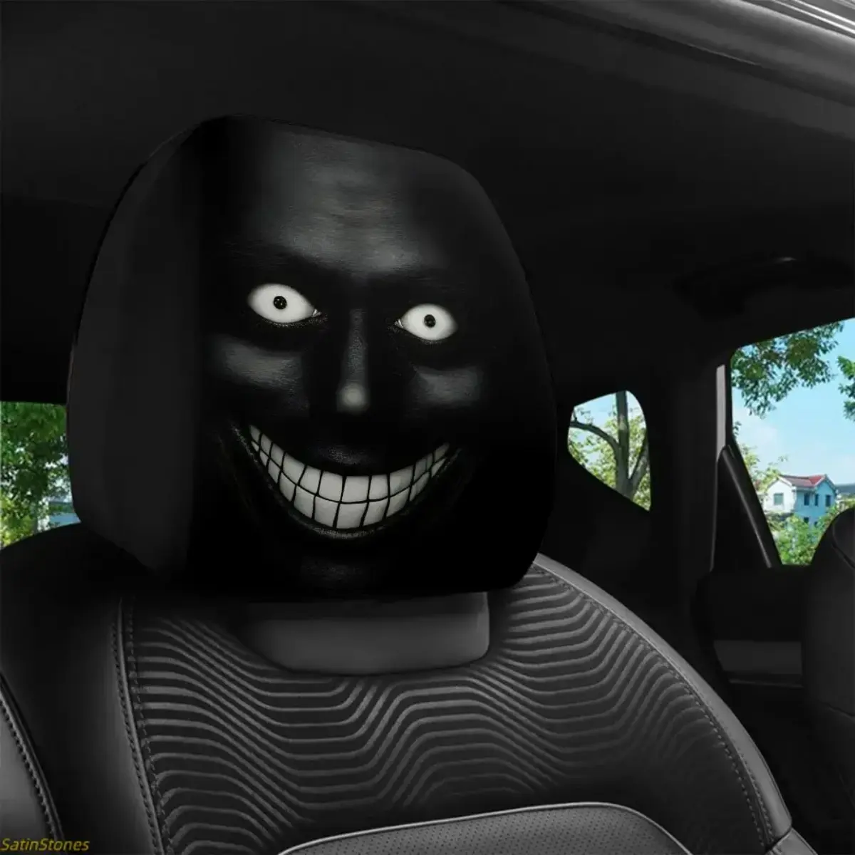 Dark Style Evil Smile Car Headrest Seat Covers (2-Pack) - Universal Fit, Washable, Durable, Easy to Install, Ideal for Long Trips, Car Decor, Automotive Accessories, Vehicle Interior Enhancements, Car Accessories backtoschool
