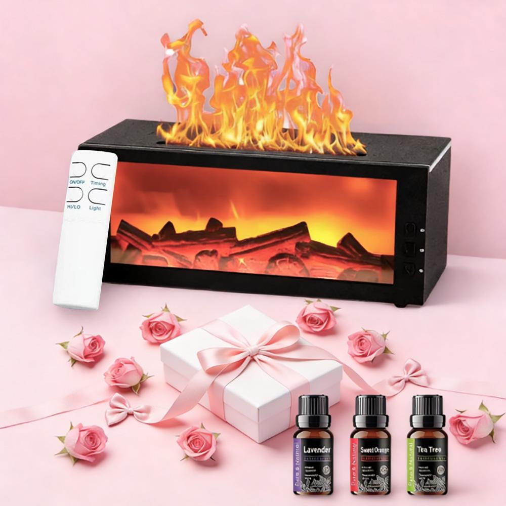 Colorful Flame Fireplace Aroma Diffuser 300ml Waterless Auto-Off Air Humidifier with Timer Remote Control for Home Bedroom Gift auto-off protection bourbon  humidifier home fragrance