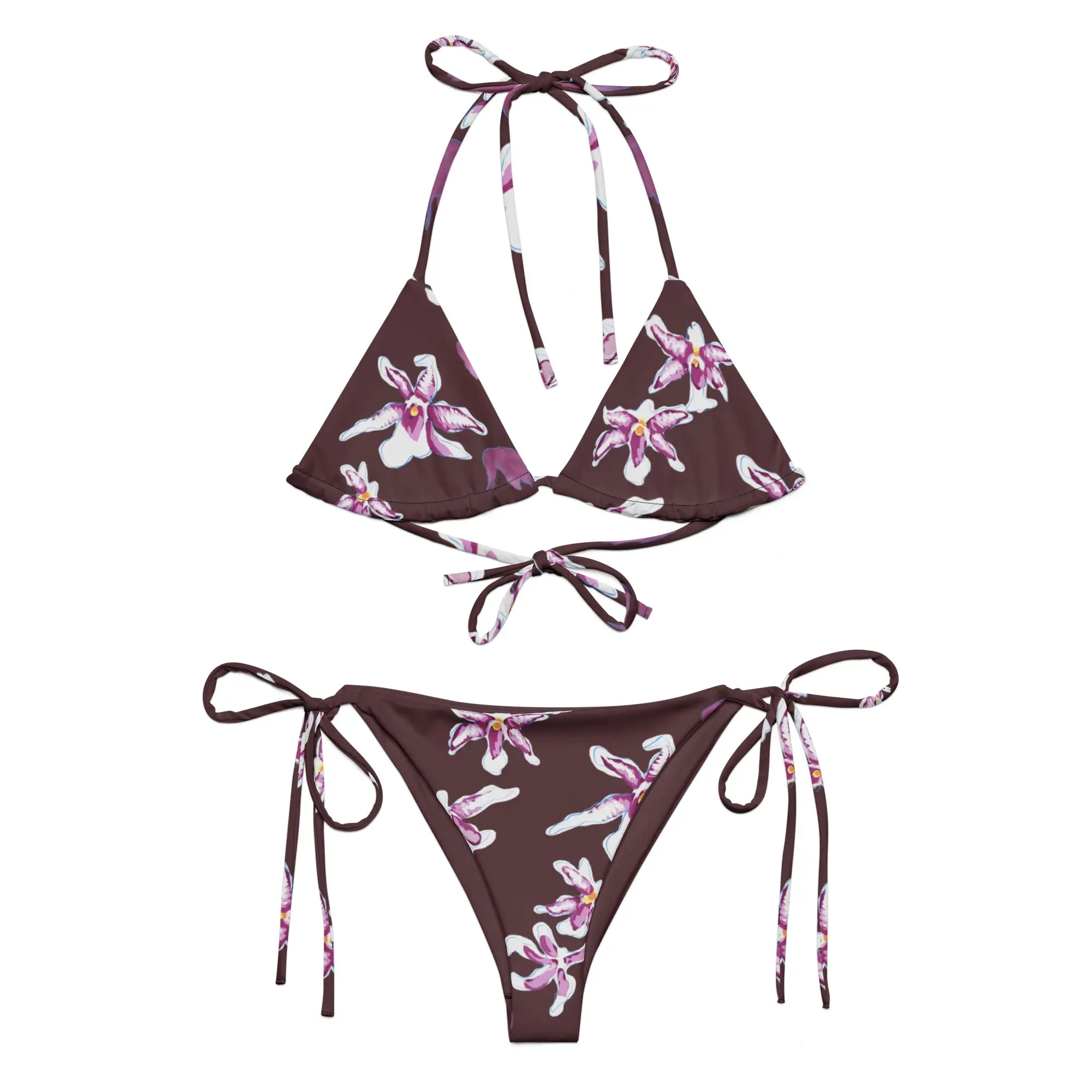 Sandy Orchid Blooms Recycled Brown String Bikini