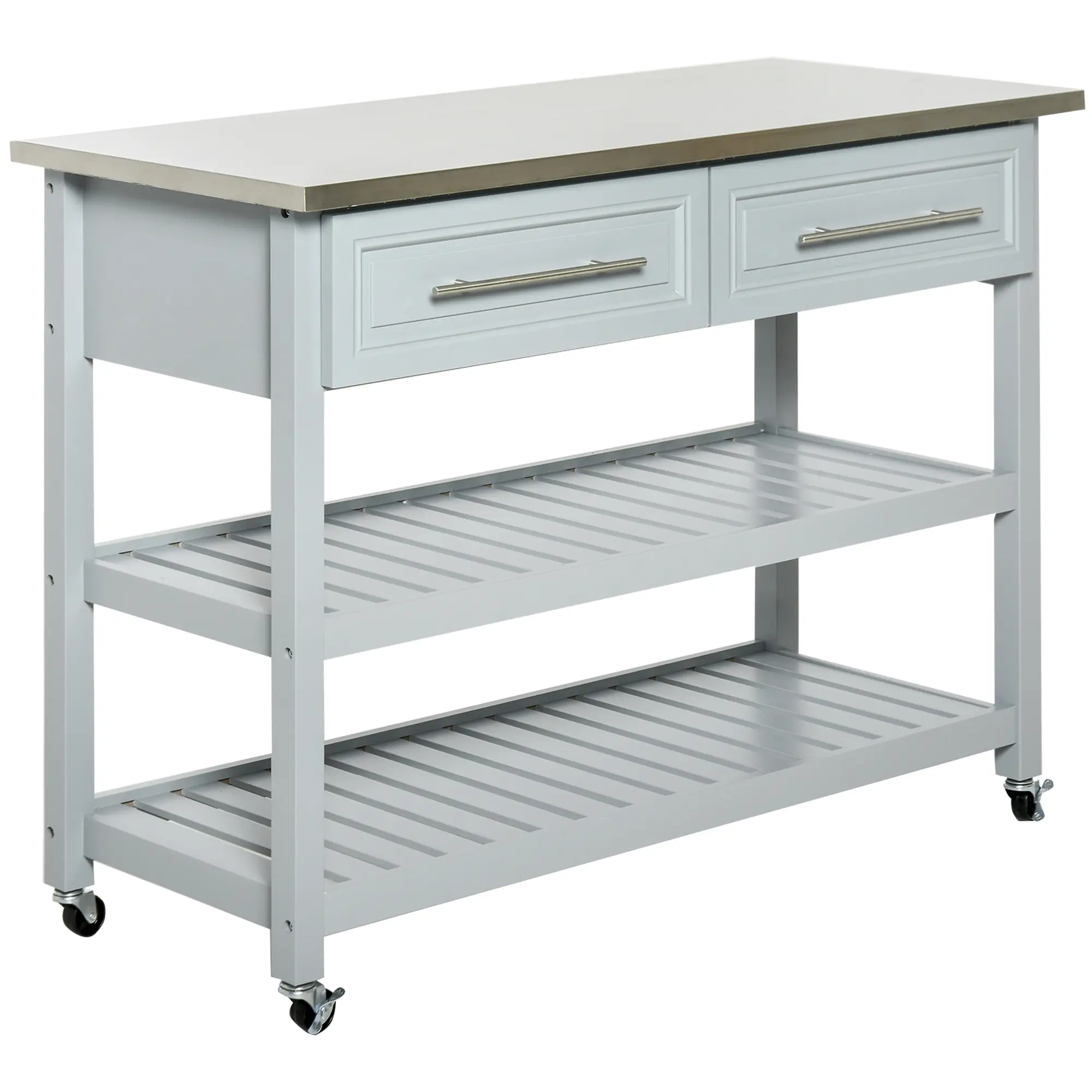 HOMCOM Kitchen Island with Stainless Steel Top, Traditional Kitchen Island with Storage, 2-Tier Open Shelves, Drawers, Light Gray