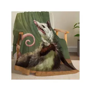 Whimsical Opossum with Curled Pink Tail Flannel Blanket – Soft Artistic Throw for Cozy Home Decor