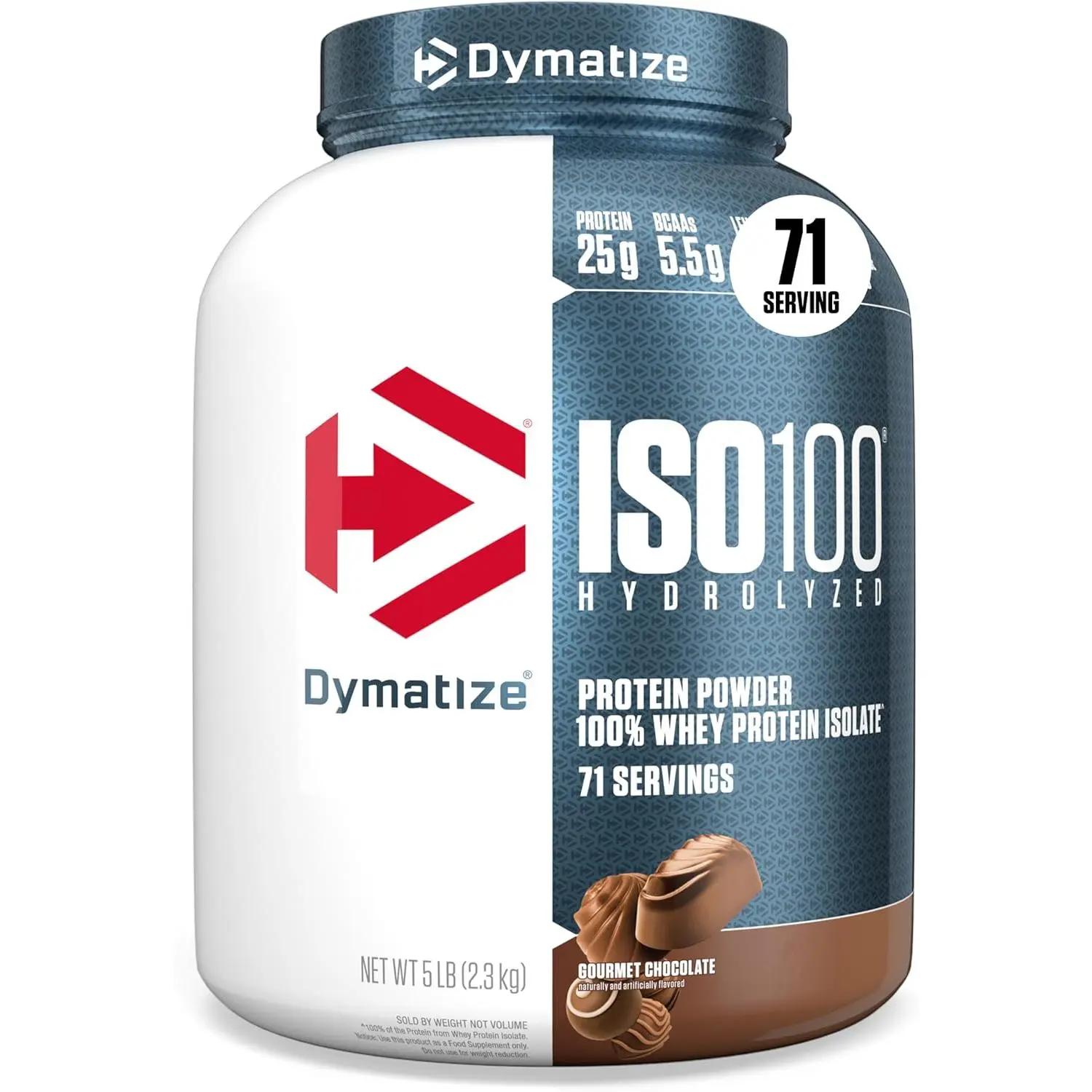 Dymatize ISO100 Whey Protein Powder Isolate, Gourmet Chocolate, 25g of Protein, 5 Pound, 5.5g BCAAs, Less Than 120 Cal., Gluten Free, 1g Fat, 1g Sugar, 2g Carb (71 Servings)