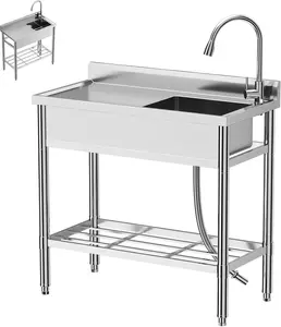 Stainless Steel Utility Sink, Free Standing Single Bowl Commercial Sink Set w/Workbench Storage Shelf & Hot/Cold 304 Stainless Faucet