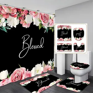 Creative Rose Pattern Waterproof Shower Curtain Set with Hooks, Bathroom Rug, U-Shaped Toilet Mat, Toilet Lid Cover, Bath Decor Gift, Bathroom Decoration Accessories, Bathroom Accessory