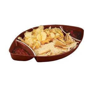 18" x 10 1/2" Football-Shaped 2-Dip Brown Plastic Serving Tray
