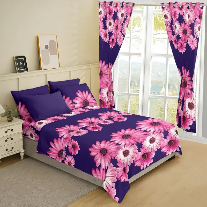Bedsheet Set 8 Pieces with 2 Curtains, 4 Pillow Cases, 1 Fitted Sheet & 1 Flat Sheet in Pink and Purple Floral Design