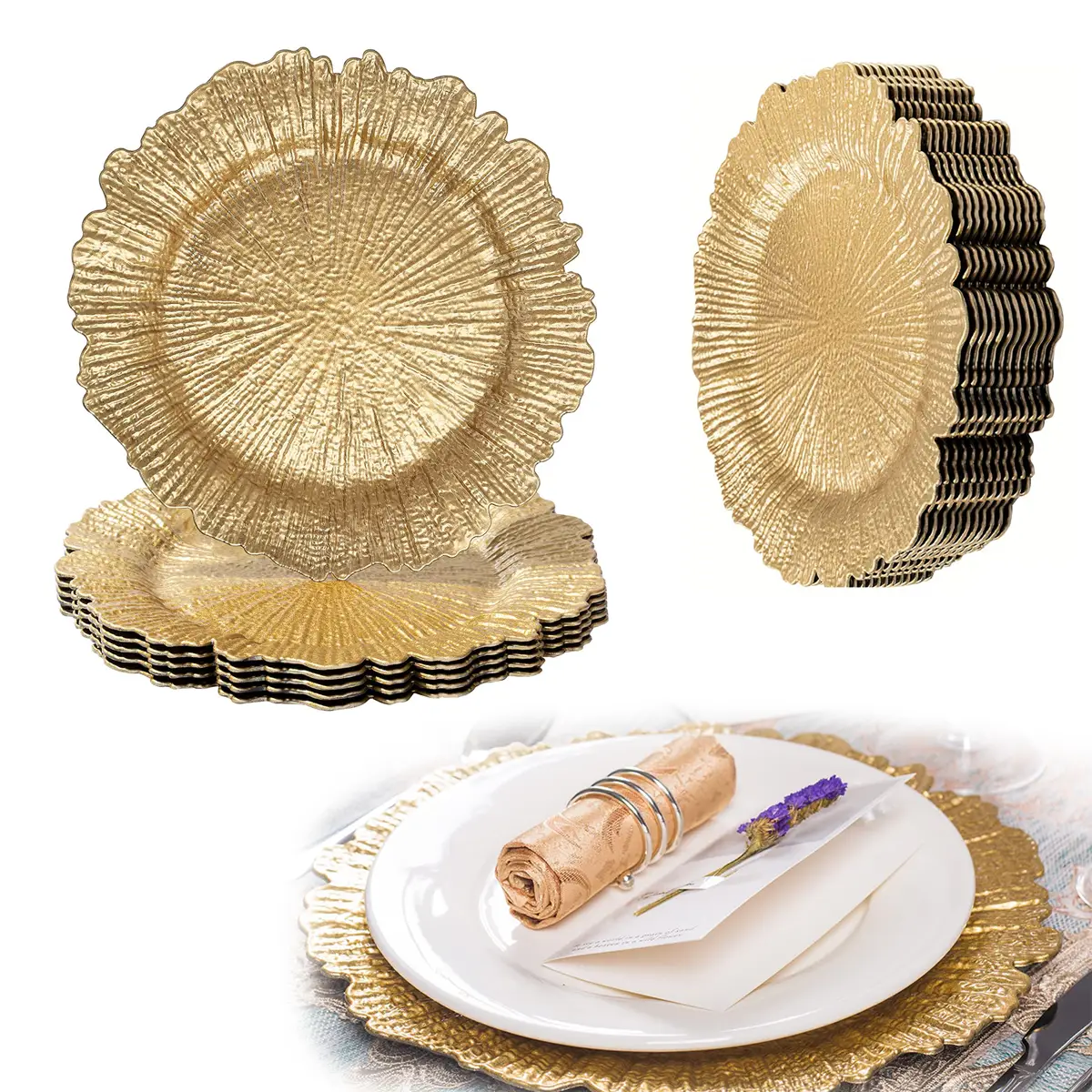 Round 13" Gold Charger Plates Reef Plate Chargers for Dinner Plates - Plastic Table Chargers for Wedding, Thanksgiving, Christmas