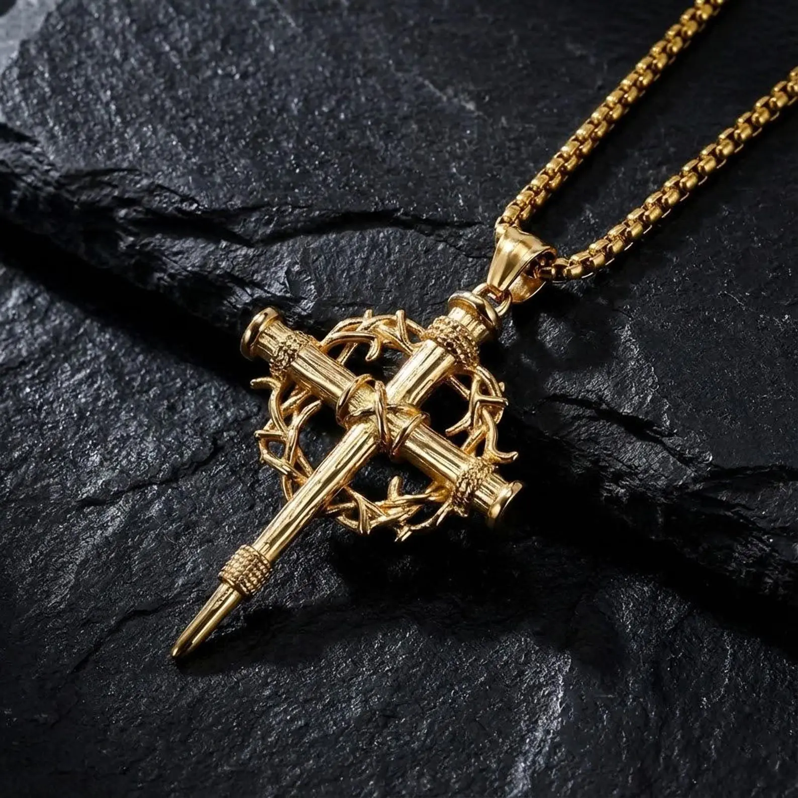 Nail Cross Crown of Thorn Necklace for Men Women, Cross Pendant Necklace With Stainless Steel 22+2 Inch Box Chain, Christian Jewelry Gife