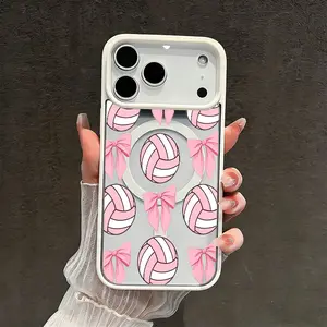 Pink Volleyball and Ribbon Phone Case， Cute Sporty Chic Style for iPhone 17 16 15 14 13 12 11 Plus Pro Max， Sweet Gift.