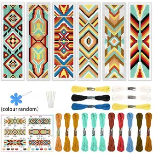 6-Piece Geometric Embroidery Bookmark Kit, Vintage Pattern Fabric Bookmarks, Beginner-Friendly Cross Stitch Set, Includes Threads & Tools