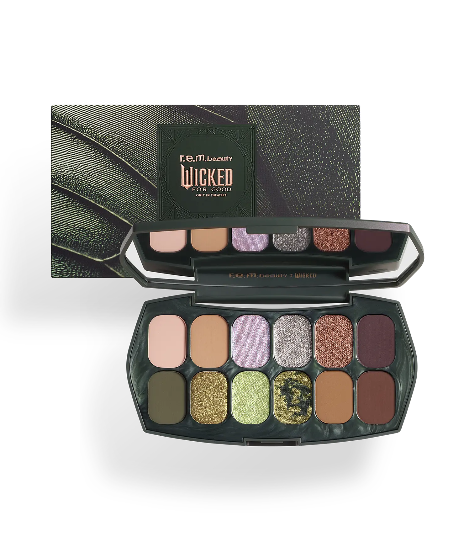 r.e.m. beauty x Wicked: For Good Ozian Forest Eyeshadow Palette - long-wearing and high-impact, highly pigmented, clean makeup, dup chromes, vibrant metallics, rich mattes